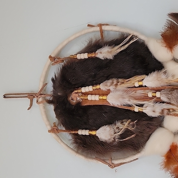 Dreamcatcher rabbit fur, feathers, beads, wool, and leather.  Wall hanging. - Picture 2 of 6
